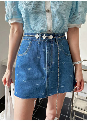 VILZSTUDIOS Spicy Lace Bow A-Line Denim Skirt