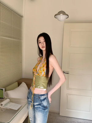 VILZSTUDIOS Yellow Daisies Front Tie Halter Crop Top