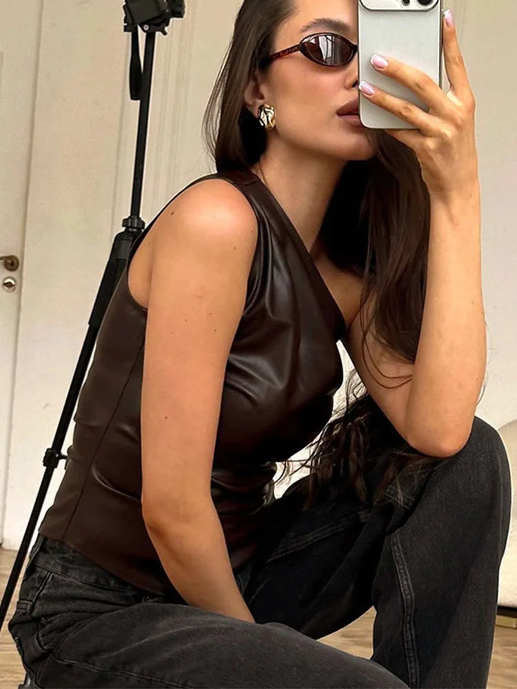 VILZSTUDIOS Slim Fit One Shoulder Faux Leather Sleeveless Top