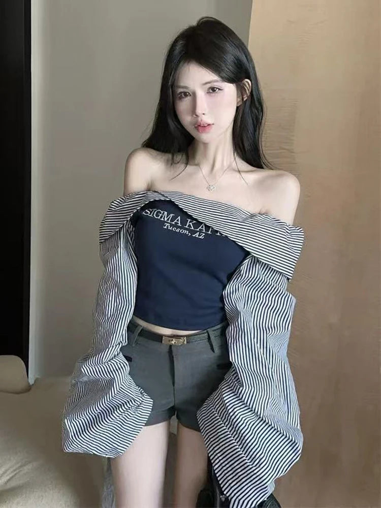 VILZSTUDIOS Chic Slim Striped Sleeves T-Shirt