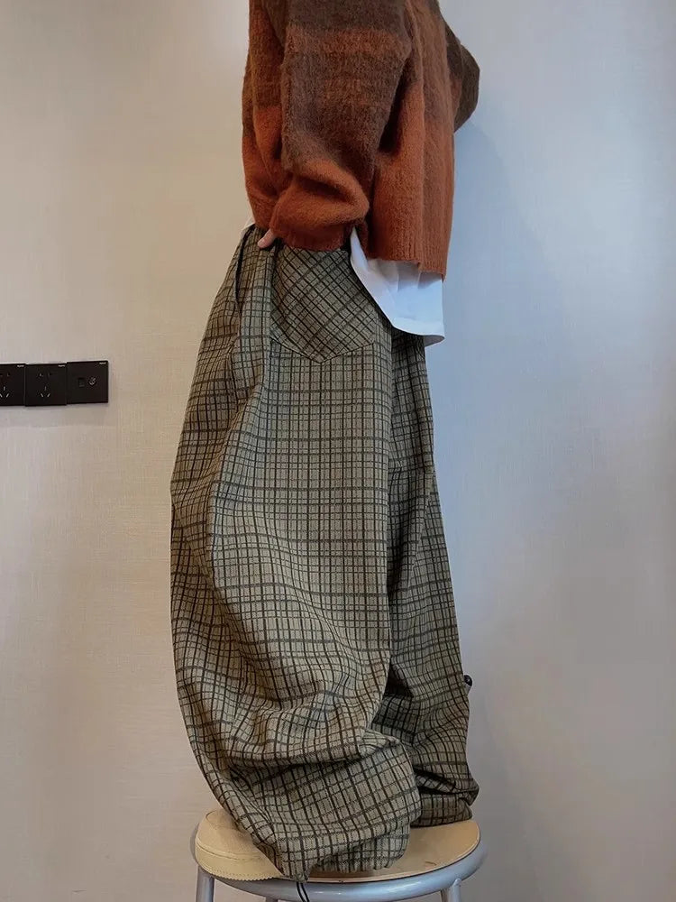 VILZSTUDIOS Stylish Oversized Plaid Wide Leg Pants