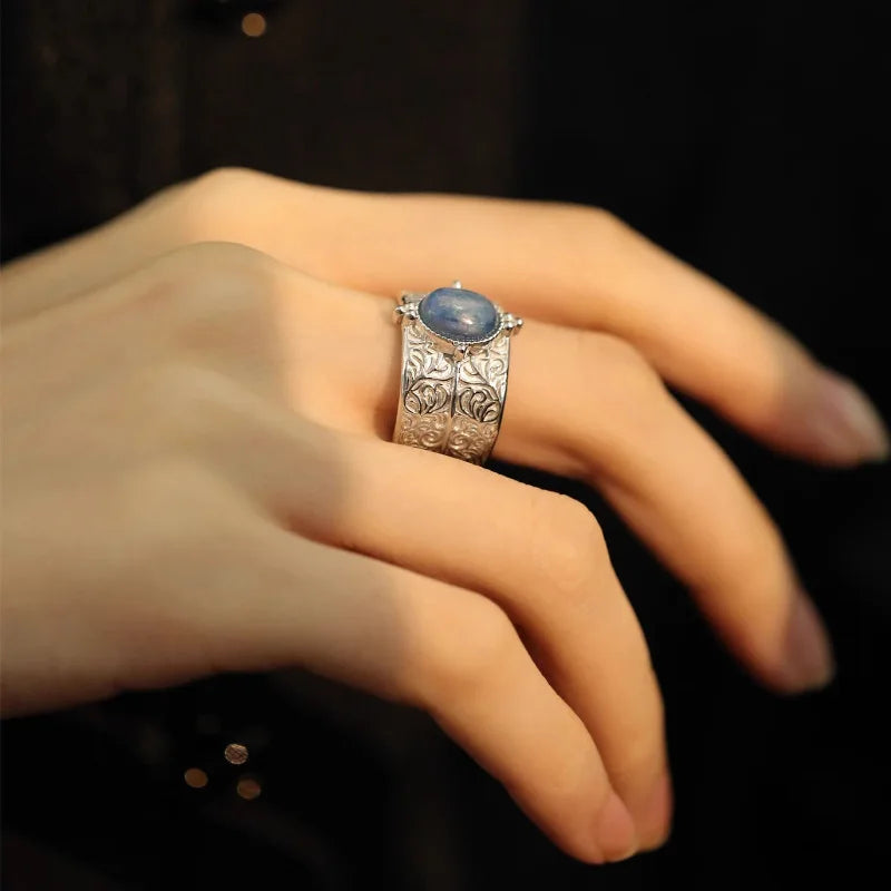 VILZSTUDIOS Elegant Blue Stone Leaf Flower Ring