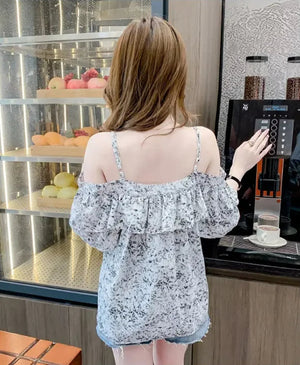 VILZSTUDIOS Stylish French Ruffled Off-Shoulder Suspender Blouse