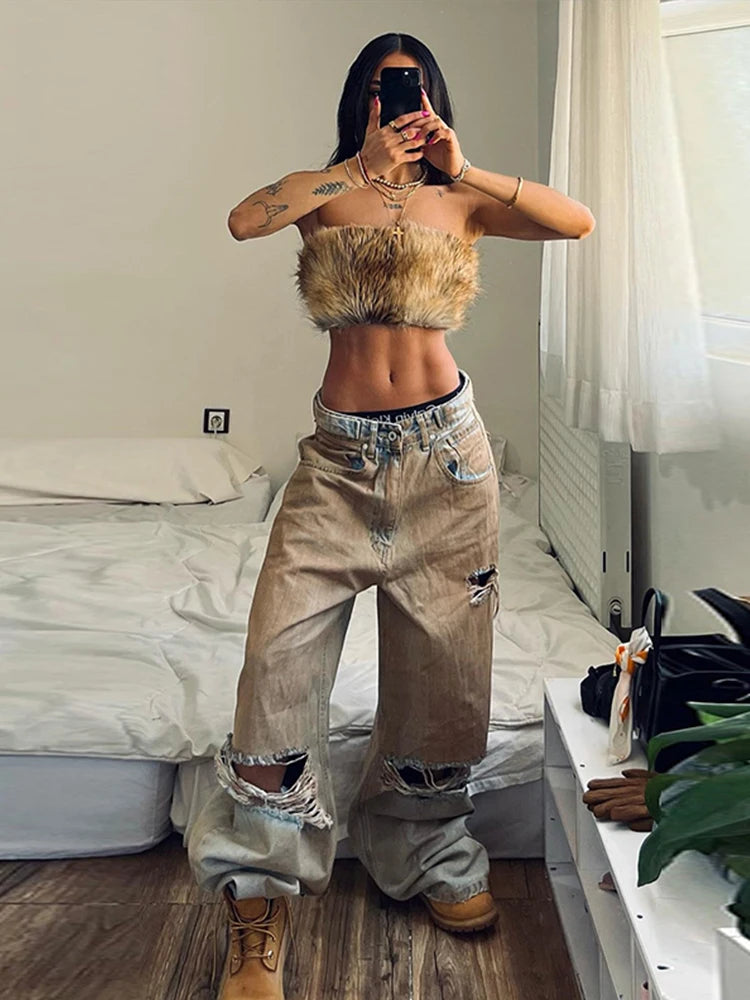 VILZSTUDIOS Retro Distressed Ripped Baggy Jeans