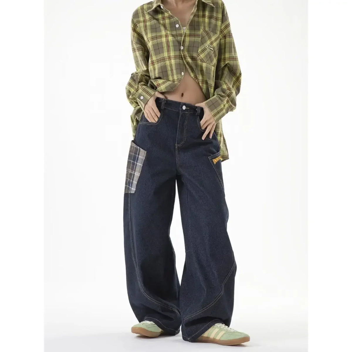 VILZSTUDIOS Retro Plaid Wide Leg Jeans