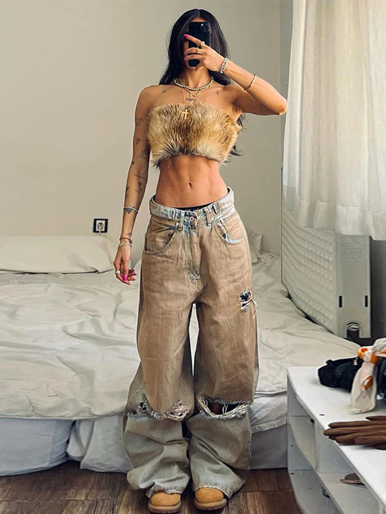 VILZSTUDIOS Retro Distressed Ripped Baggy Jeans