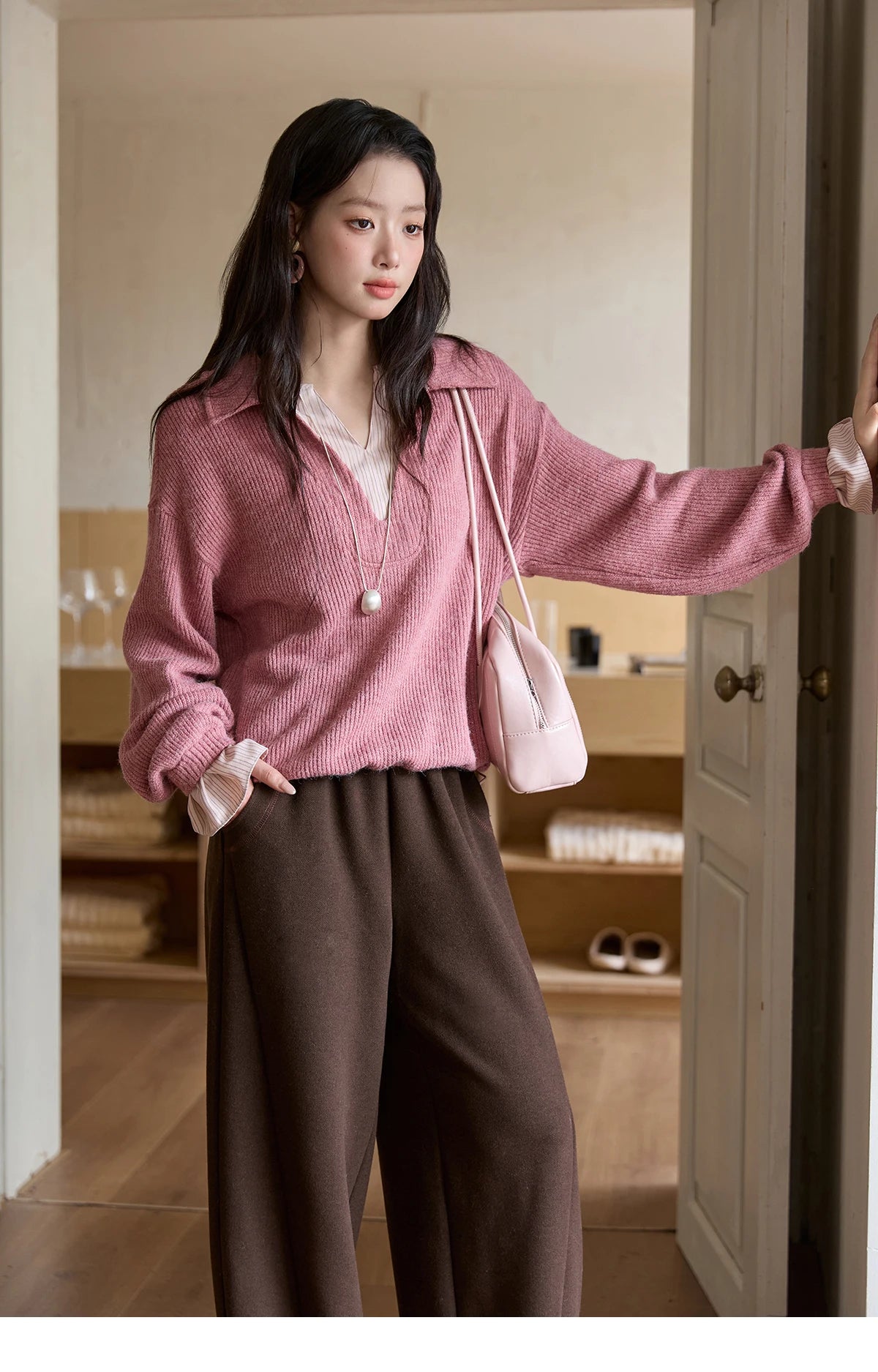 VILZSTUDIOS French Style Stand Collar Long Sleeve Top