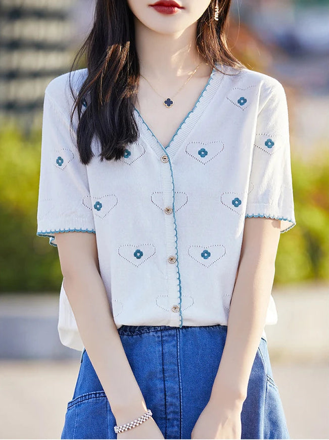 VILZSTUDIOS Embroidered Casual V-Neck Light Cardigan