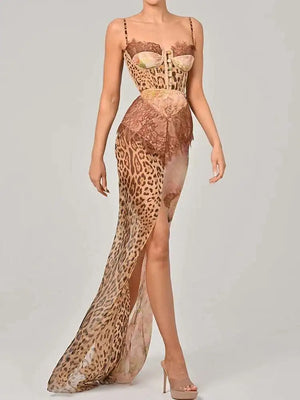 VILZSTUDIOS Leopard Print Sexy Maxi Dress Summer