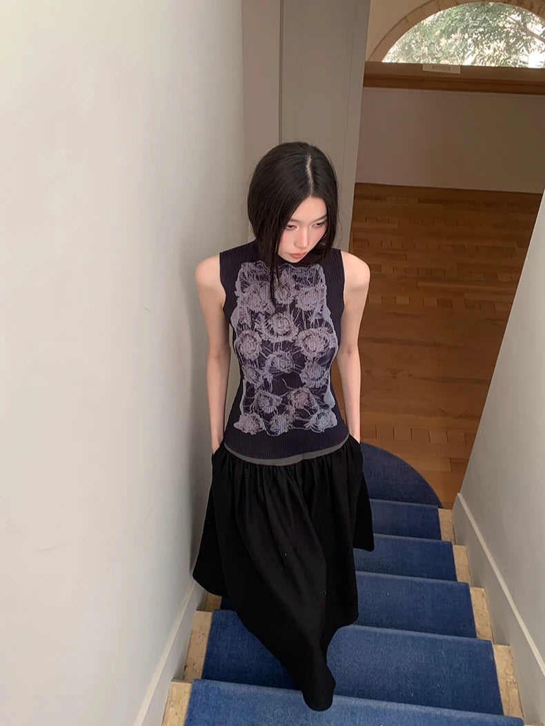 VILZSTUDIOS Floral Black Sleeveless Turtleneck Tank Top