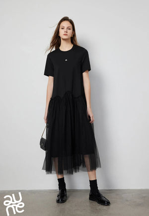 VILZSTUDIOS Stylish Mesh Splicing Mid-Length Skirt T-Shirt