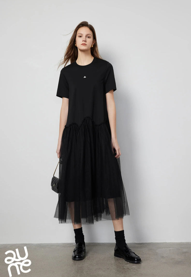 VILZSTUDIOS Stylish Mesh Splicing Mid-Length Skirt T-Shirt