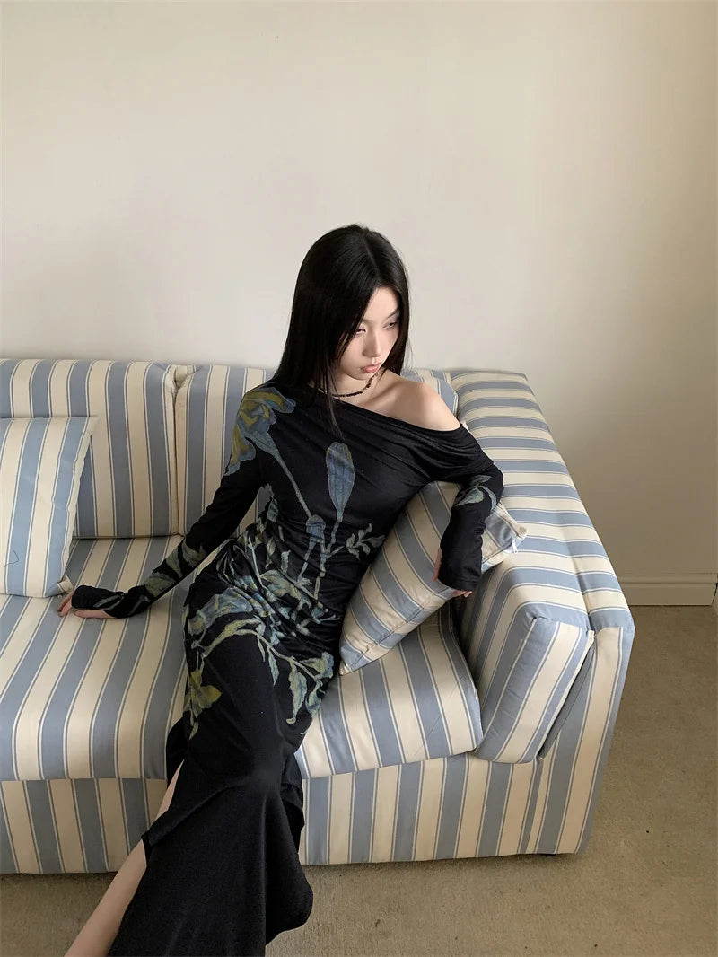 VILZSTUDIOS Dark Blue Floral Off-Shoulder Maxi Dresses