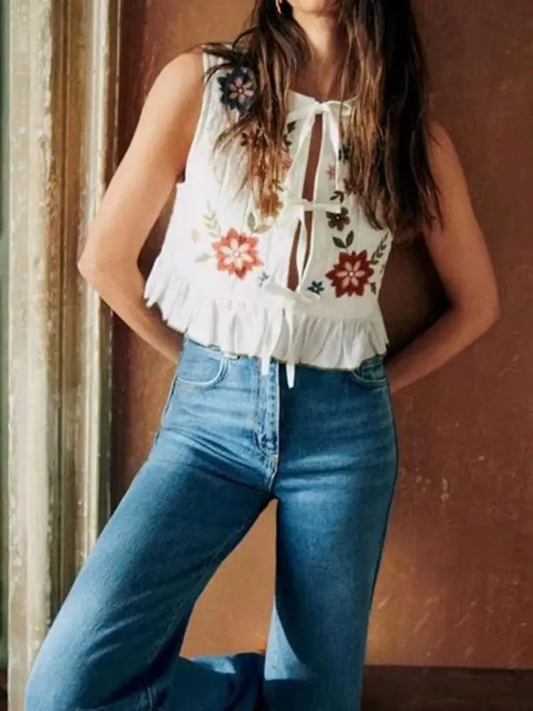 Chic Floral Embroidered Lace-Up Blouse