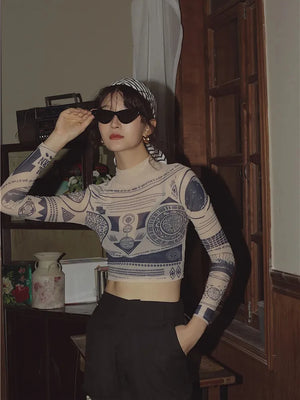VILZSTUDIOS Sheer Nude Mesh Long Sleeve Crop Top