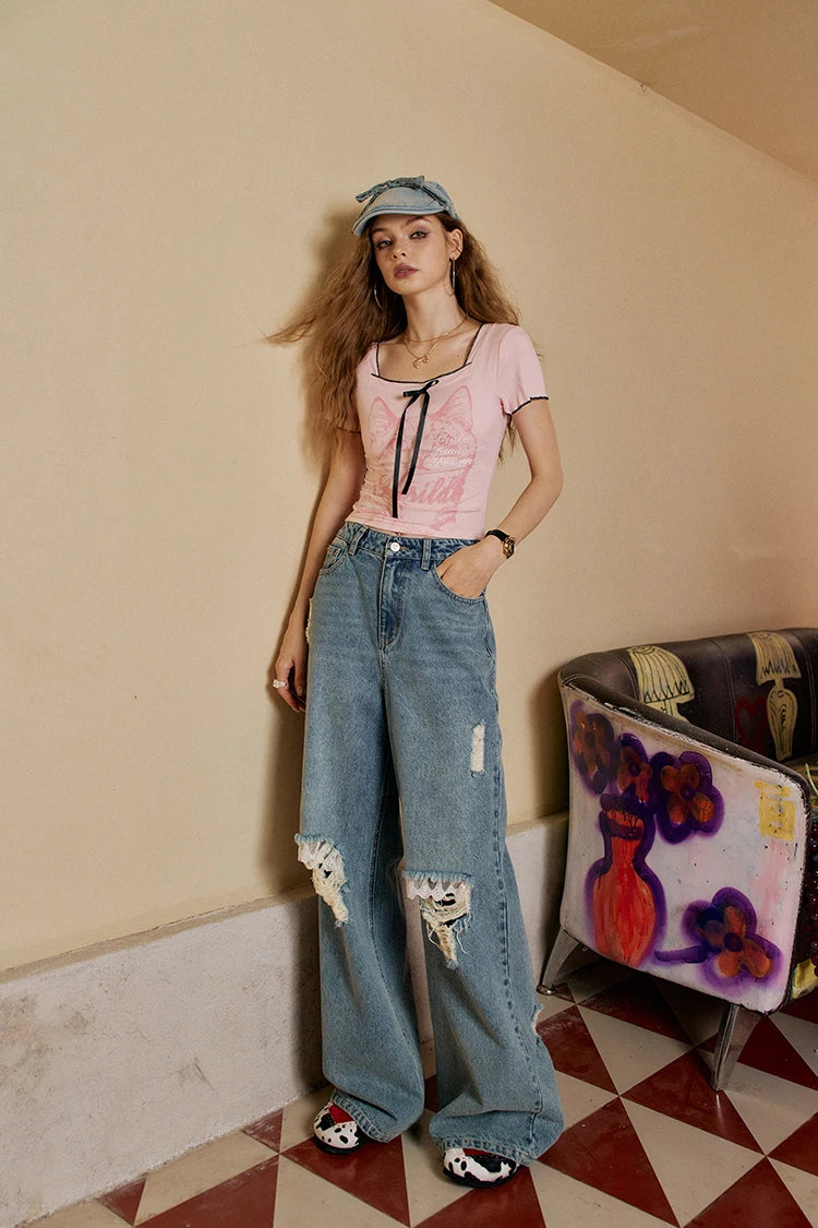 VILZSTUDIOS Chic Cat Print Square Neck Cropped T-Shirt