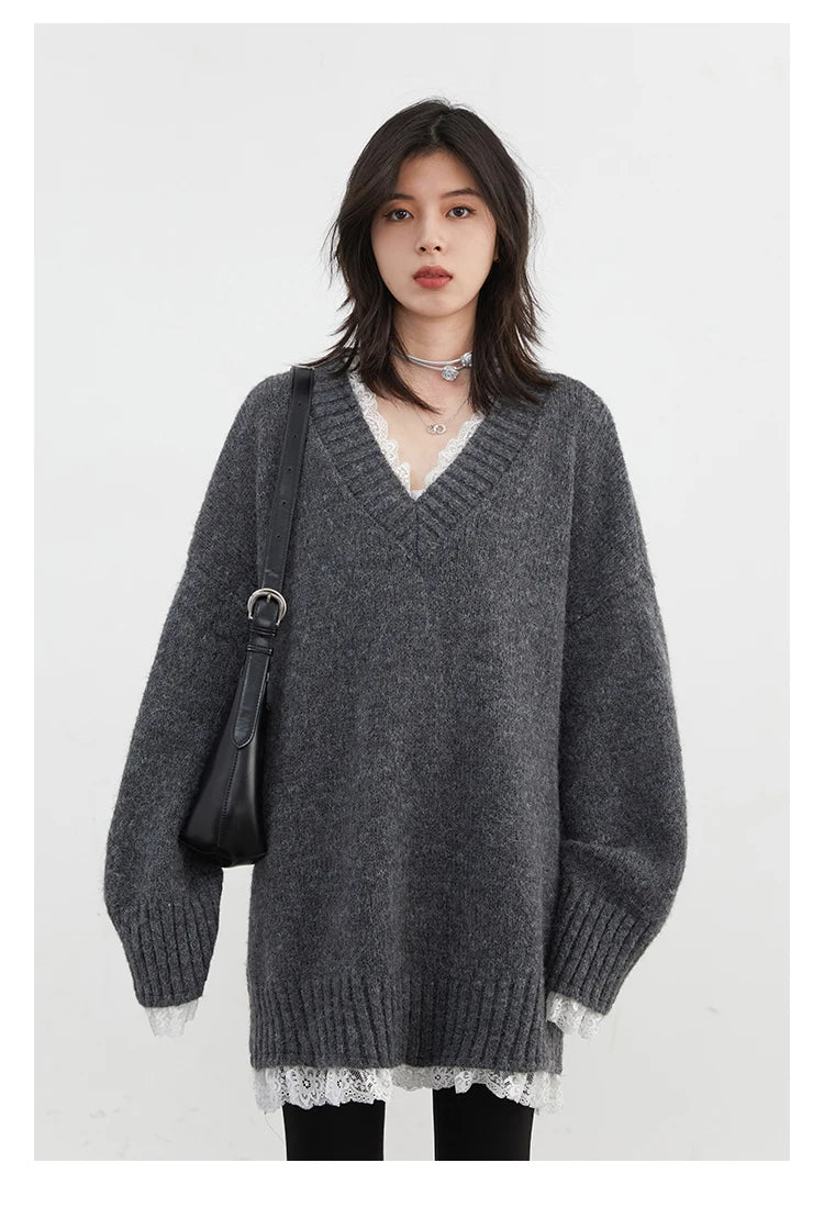 VILZSTUDIOS Casual Loose V-Neck Knit Sweater