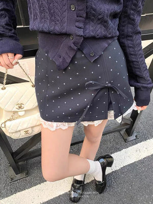 VILZSTUDIOS Sweet Lace Bow Splicing Mini Skirt