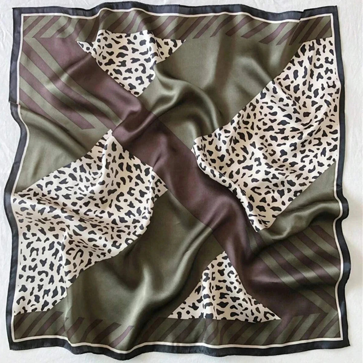 VILZSTUDIOS 70*70cm Leopard Green Brown Silk Scarf Women Simulated Silk Fresh and Elegant Versatile Headwear Clothing Bags and Square Scarf