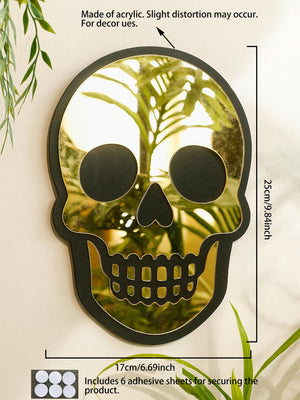 VILZSTUDIOS Halloween Skull Shaped Acrylic Wall Mirror Black Frame Wall Hanging Golden Decorative Mirror for Home Living Room & Bedroom Gift
