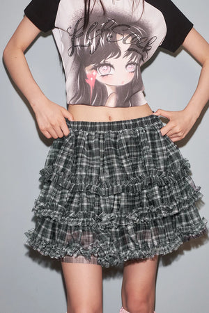 VILZSTUDIOS Ruffle Plaid Mesh Mini Skirt