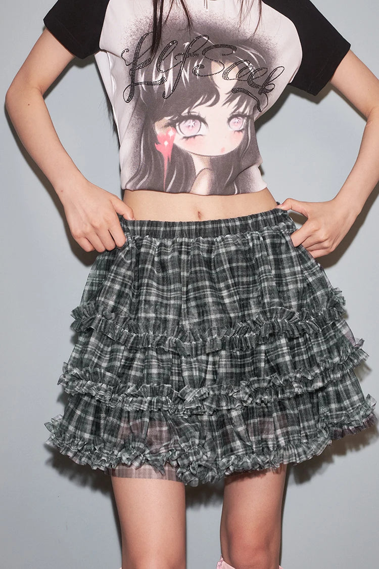 VILZSTUDIOS Ruffle Plaid Mesh Mini Skirt