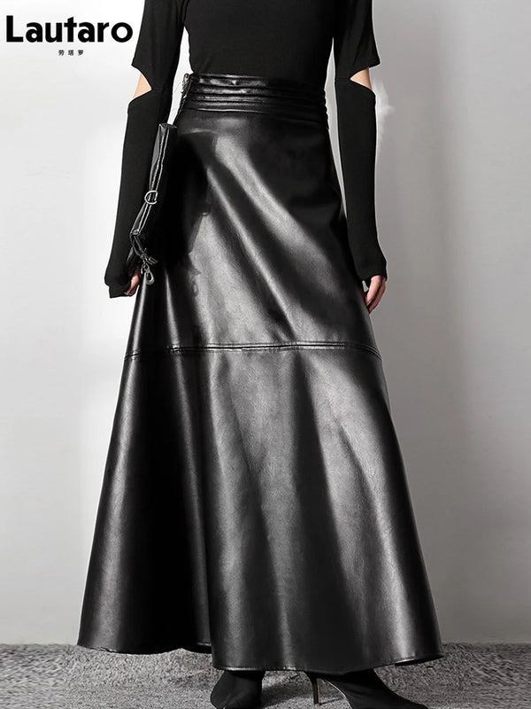 Stylish Black Maxi A-Line Leather Skirt