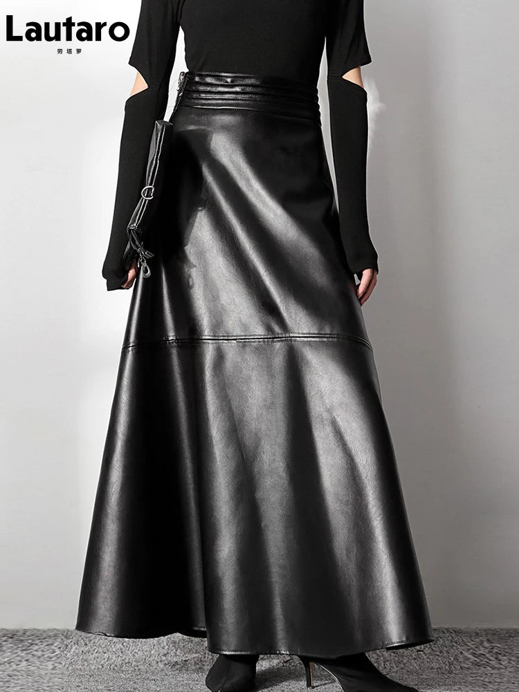 VILZSTUDIOS Stylish Black Maxi A-Line Leather Skirt