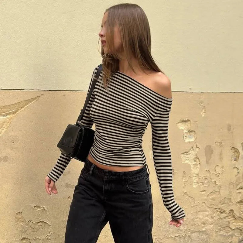 VILZSTUDIOS Slanted Collar Striped Long Sleeve Top