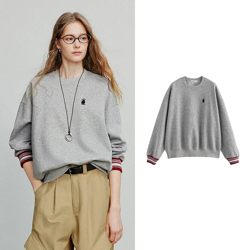 VILZSTUDIOS Cat Embroidery Striped Knit Pullover Shirt