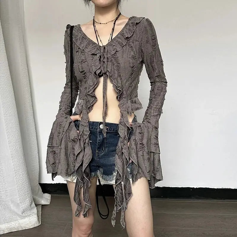 VILZSTUDIOS Fairycore Lace-Up Butterfly Sleeve Blouse