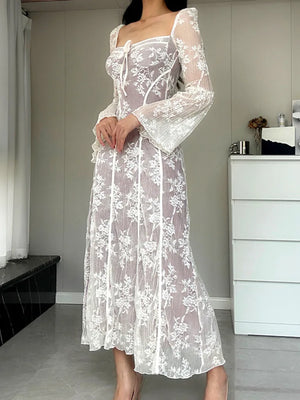 VILZSTUDIOS Elegant Lace Square Collar White Maxi