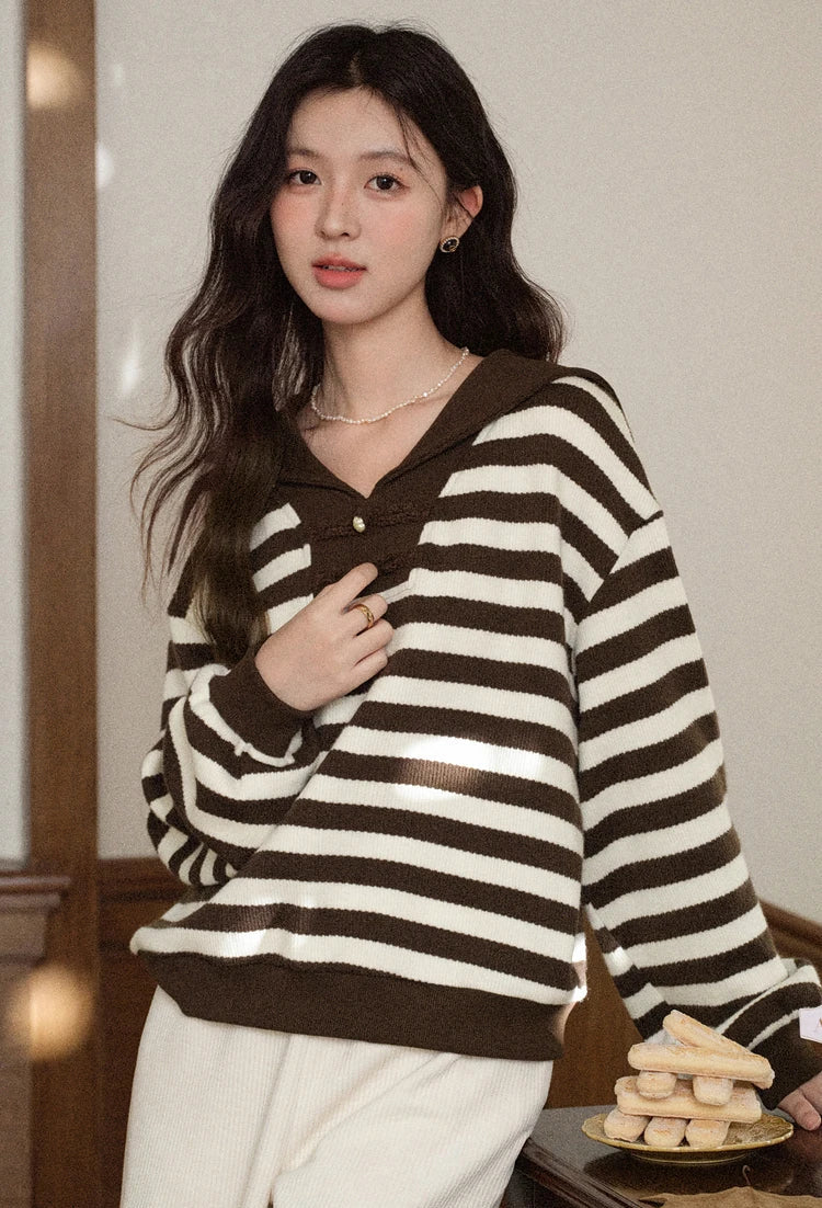 VILZSTUDIOS Striped Brown Sailor Collar Sweater