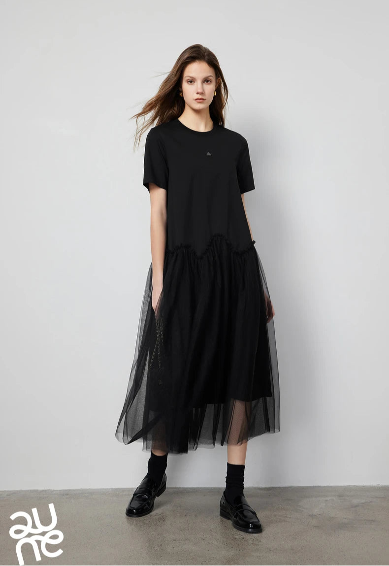 VILZSTUDIOS Stylish Mesh Splicing Mid-Length Skirt T-Shirt