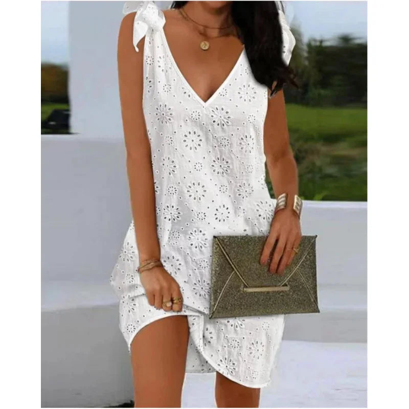 VILZSTUDIOS Elegant V-Neck Eyelet Embroidery Mini Dress
