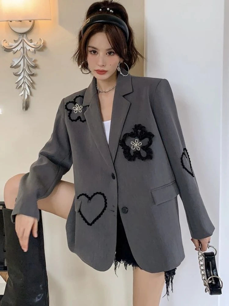 VILZSTUDIOS Flower Embroidery Loose Casual Blazer