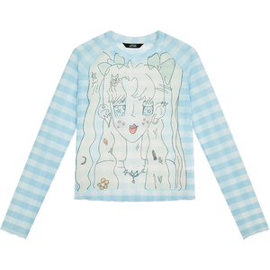 VILZSTUDIOS Checkered Cartoon Mesh Long Sleeve Top