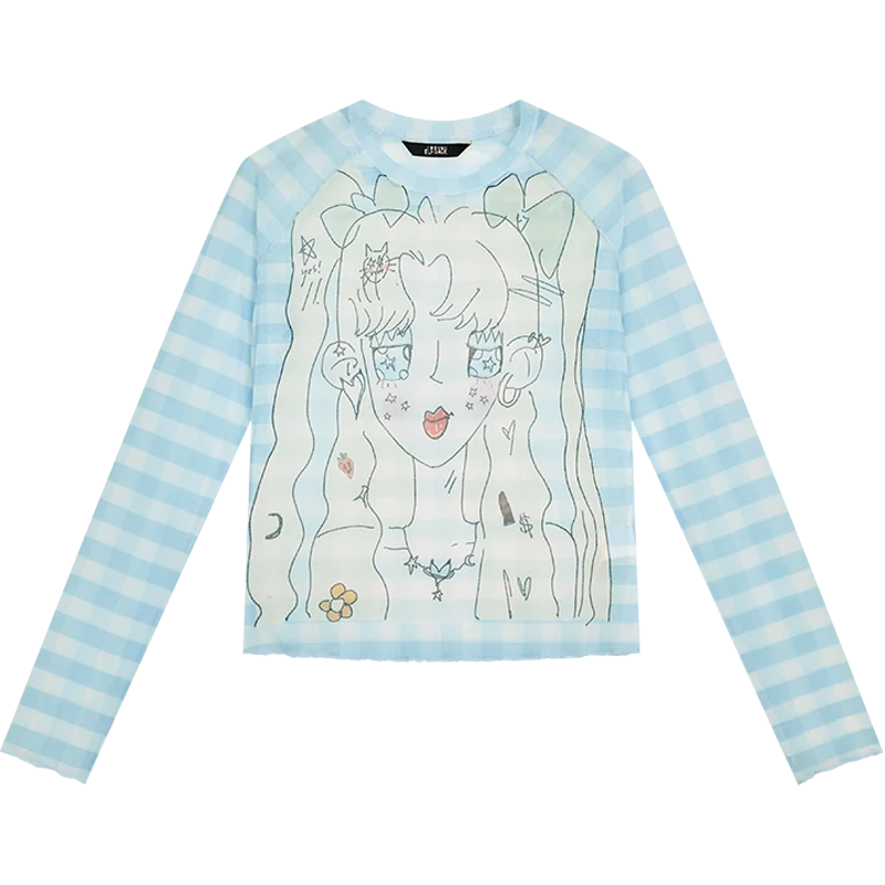 VILZSTUDIOS Checkered Cartoon Mesh Long Sleeve Top