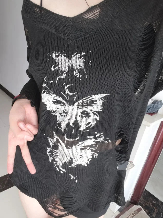 VILZSTUDIOS Graffiti Butterfly Hollow-out Knit Top
