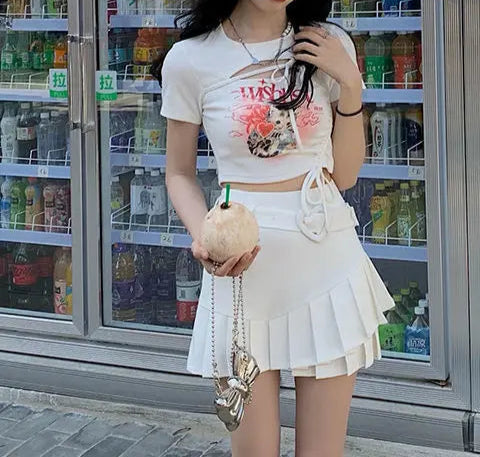 Hollowed Out Printed Drawstring Crop Top