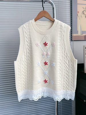 VILZSTUDIOS Chic French Floral Embroidered Sleeveless Sweater