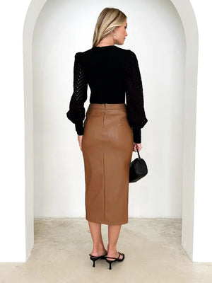 VILZSTUDIOS Elegant High Waist Black Leather Skirt