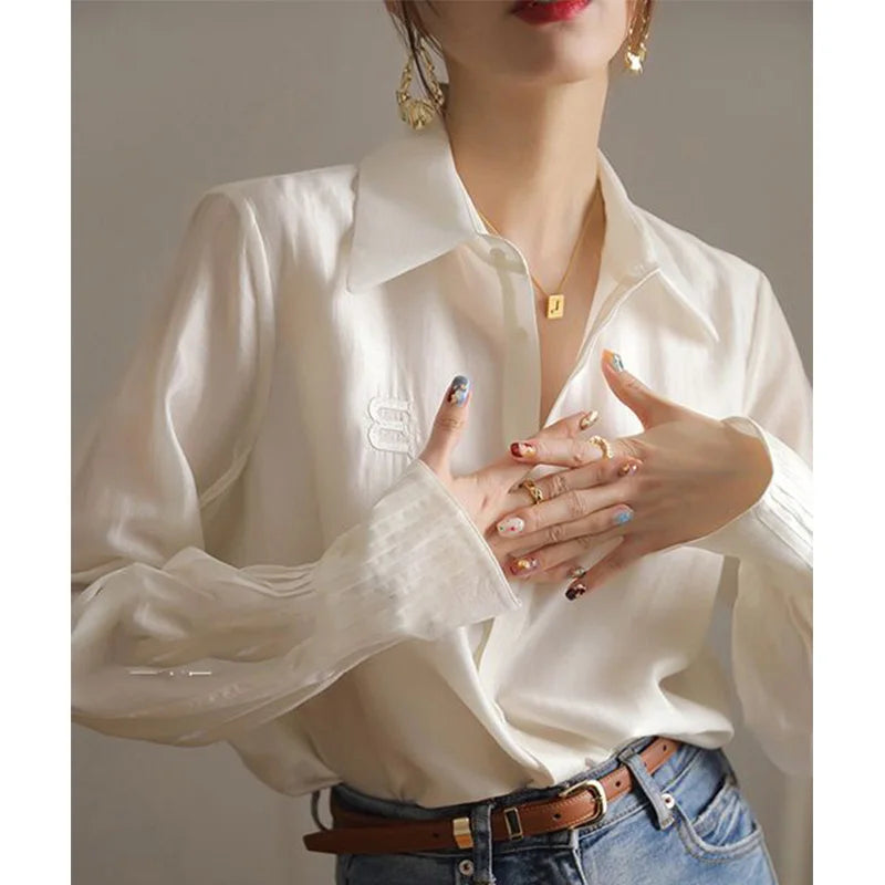 VILZSTUDIOS Elegant Chic Letter Embroidery Lantern Shirt