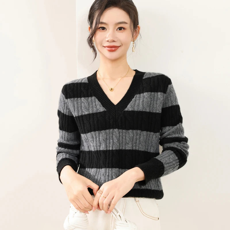 VILZSTUDIOS Cozy Wool Color Block V-Neck Sweater