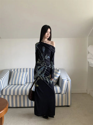 VILZSTUDIOS Dark Blue Floral Off-Shoulder Maxi Dresses