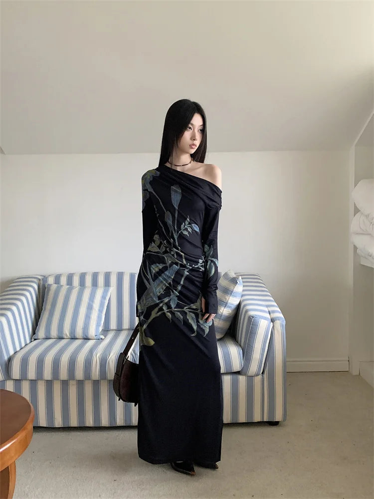 VILZSTUDIOS Dark Blue Floral Off-Shoulder Maxi Dresses