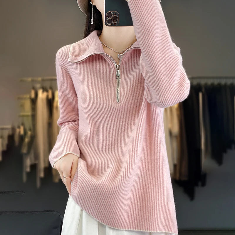 VILZSTUDIOS Cozy Wool Zip-Up Sweater Pullover Womens
