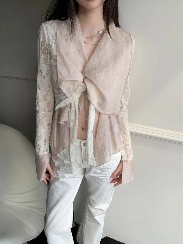 Beige Designer Lace-Up V-Neck Blouse