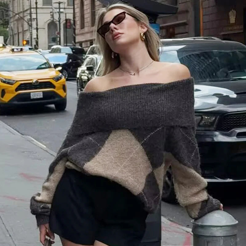 VILZSTUDIOS Chic Off-Shoulder Argyle Knit Sweater