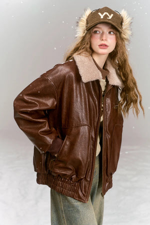 VILZSTUDIOS Vintage Brown Fleece Neck PU Leather Jacket